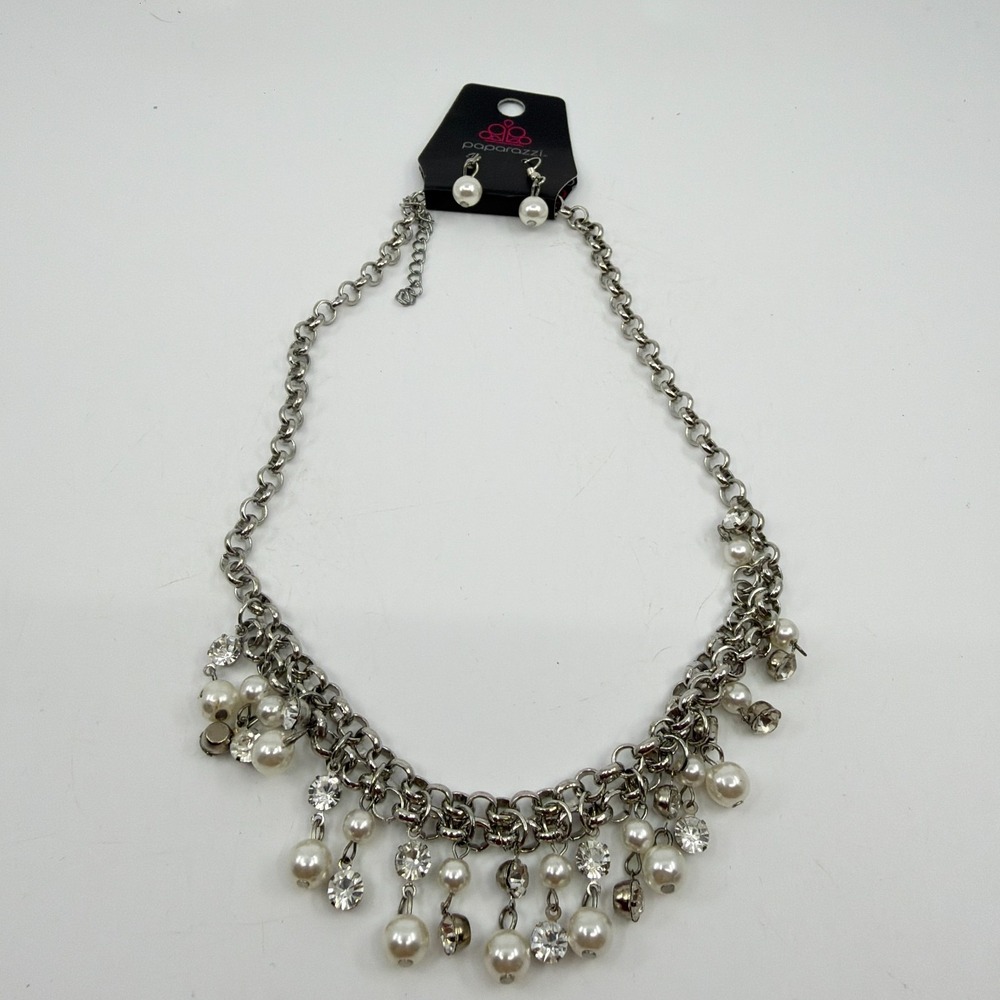 Paparazzi Silver Tone Pearl Beads Necklace & Dangle Earrings Set